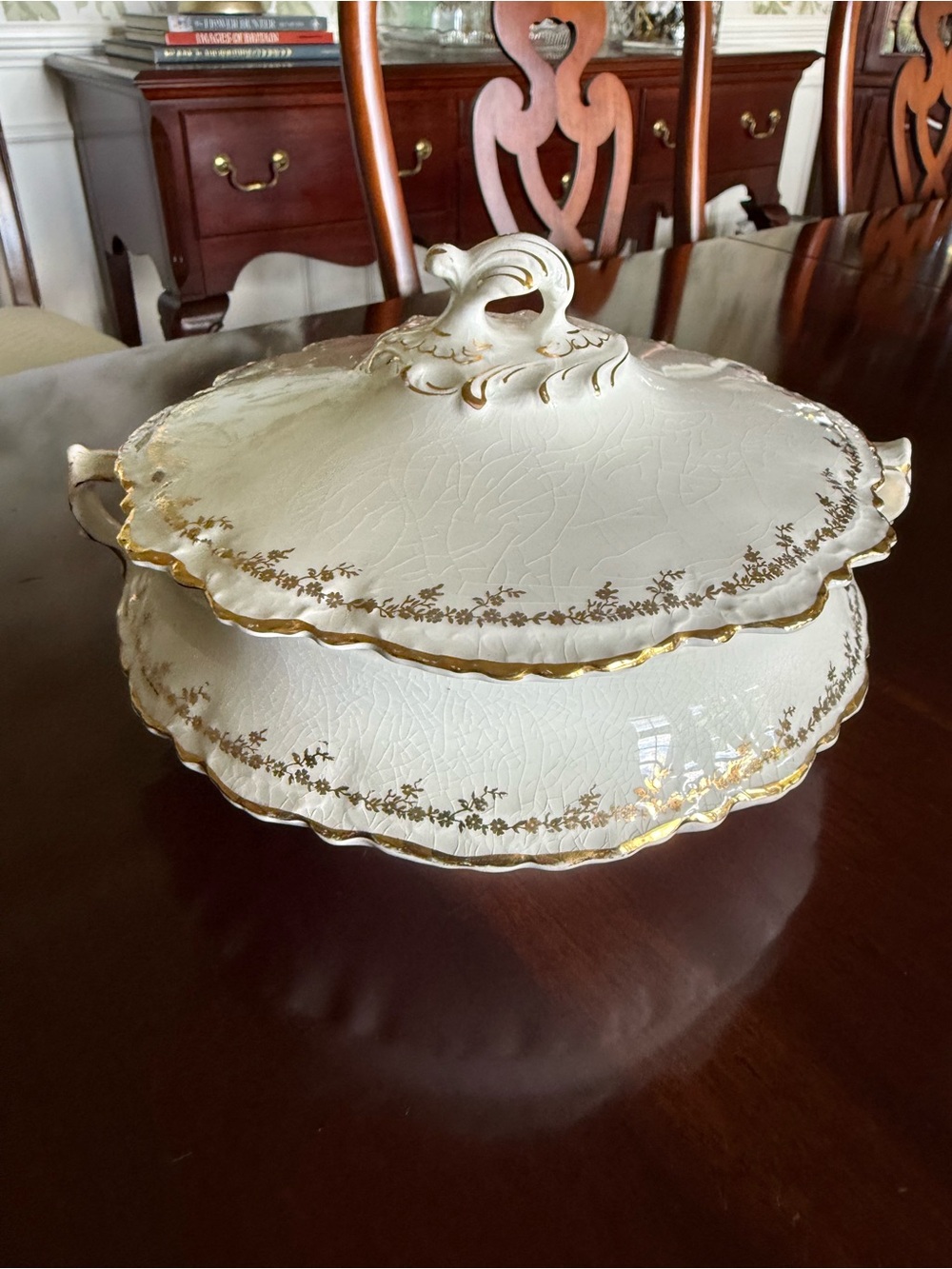 Beautiful Antique Tureen White and Gold Lidded Serving Bowl